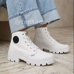 Palladium Size 10 White Canvas Chunky High Top Vegan Combat Boots Sneakers Shoes